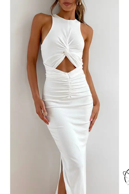 Stunning slim fit slit dress in white sleeveless cutout fashion