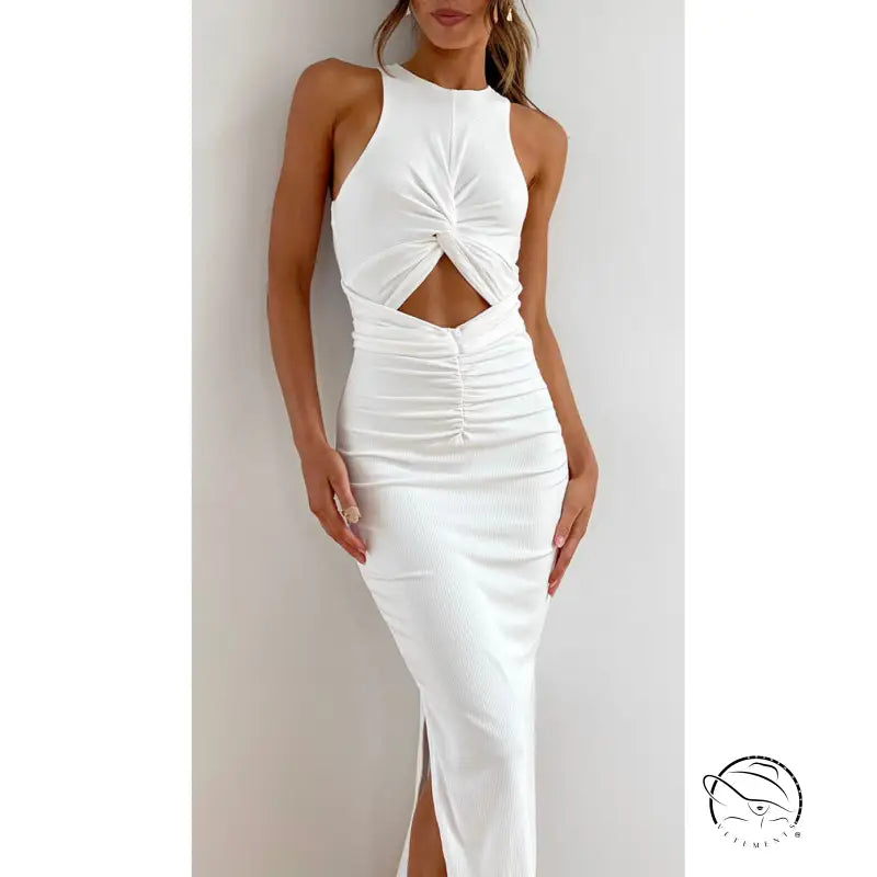 Stunning slim fit slit dress in white sleeveless cutout fashion