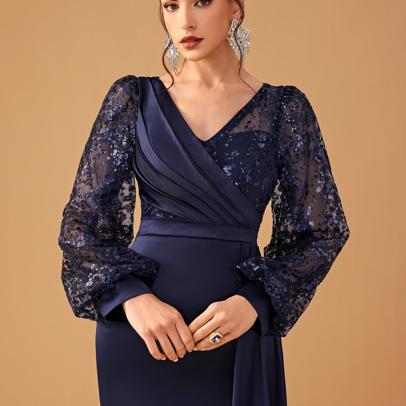 Elegant navy blue evening gown showcasing sophisticated fashion and luxurious style