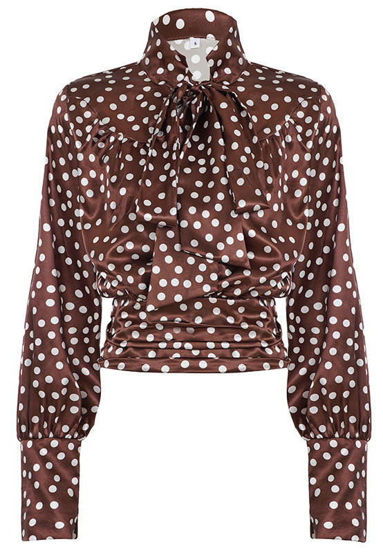 Elegance Polka Dot Shirt: Brown blouse with ruffles and tie neck