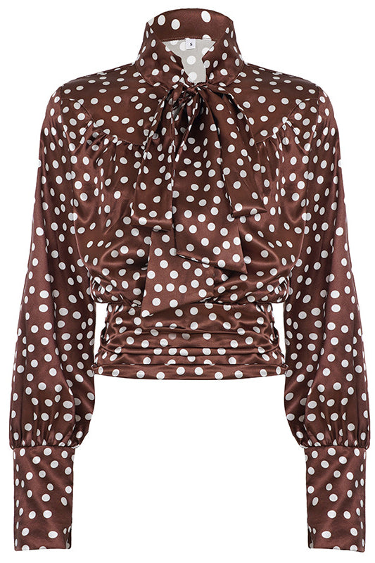Elegance Polka Dot Shirt: Brown blouse with ruffles and tie neck