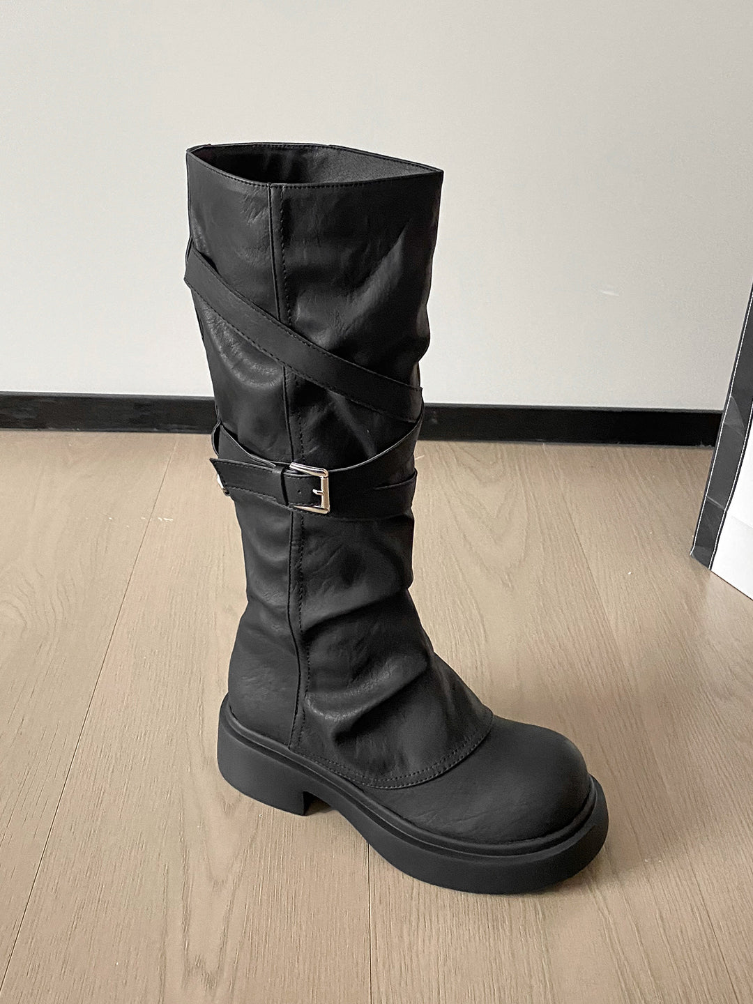 Waste Soil Brown Wrinkle High Tube Pile Long Boots