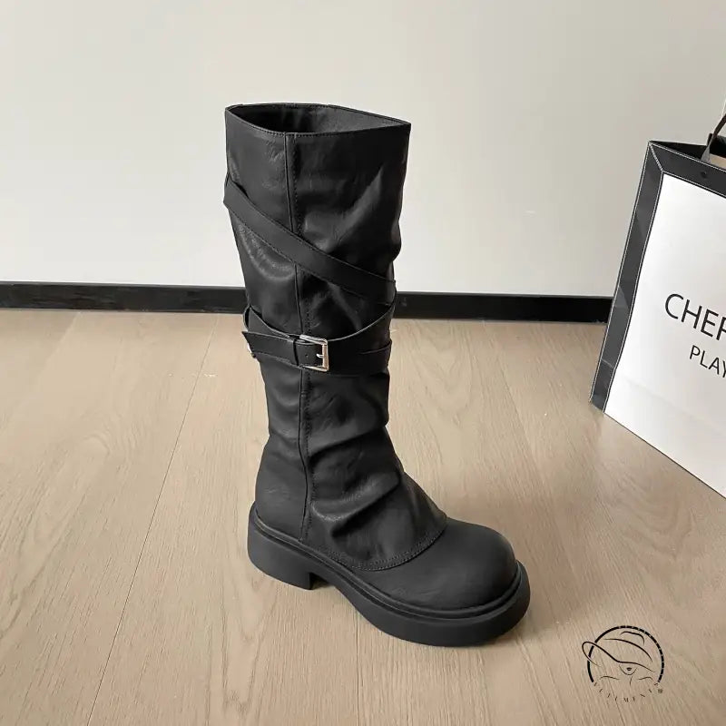 Waste Soil Brown Wrinkle High Tube Pile Long Boots