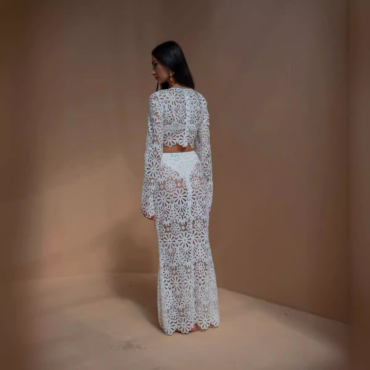 White floral lace two-piece outfit featuring slim fit hollow lace tops and skirt