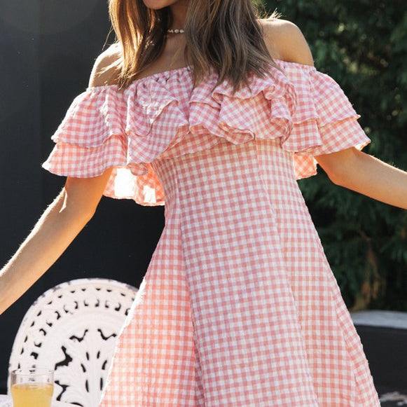 Elegant Plaid Off-shoulder Ruffled Collar Dress