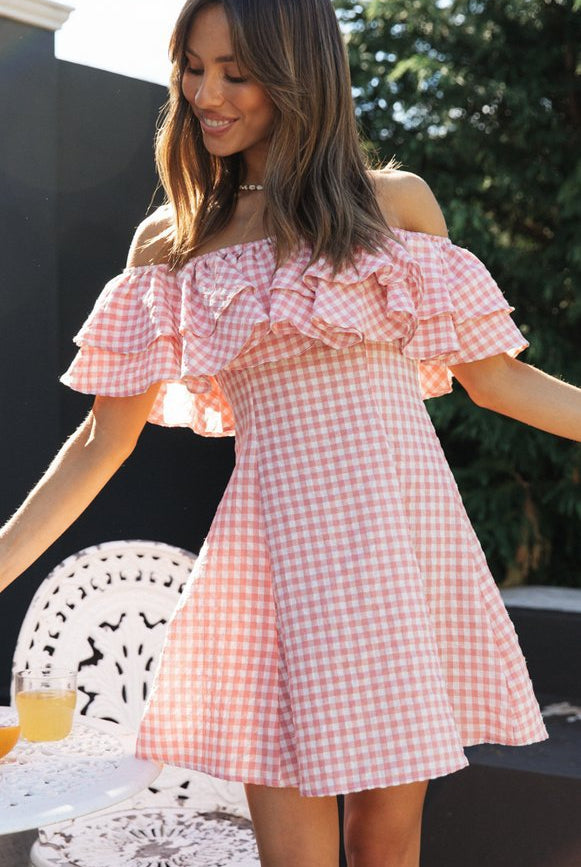 Elegant Plaid Off-shoulder Ruffled Collar Dress