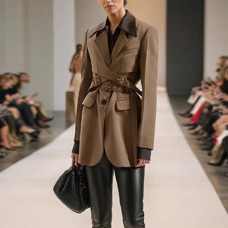 Langry modern elegant slim blazer in brown trench coat with black accents and silver buckle belt