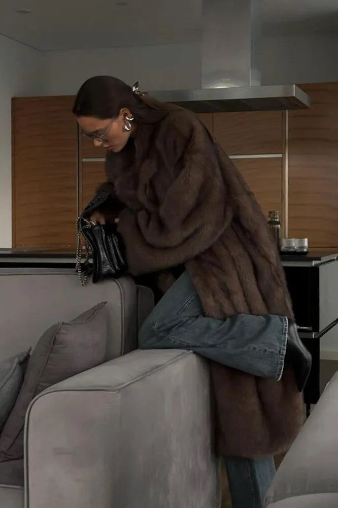 Brown Vintage Langry Faux Fur Jacket with Blue Jeans and Black Boots