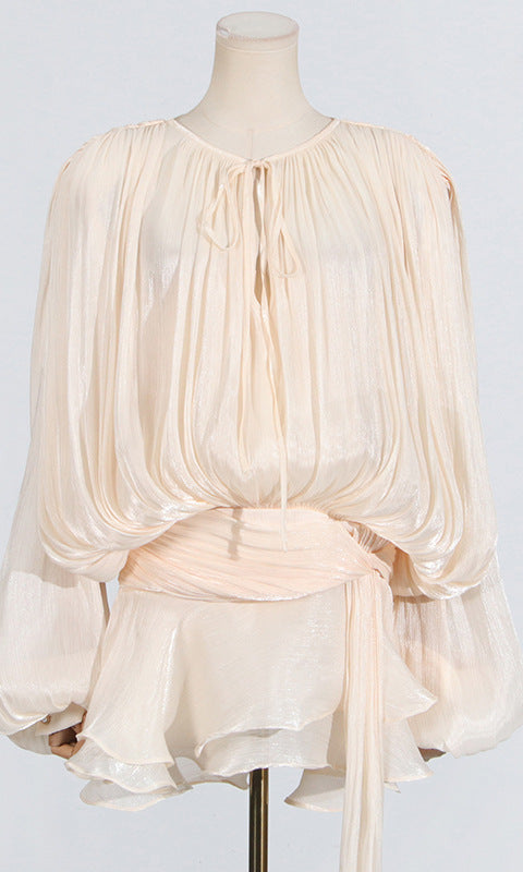 Cream-colored flowing blouse with tie waist in Gorgeous Design Short Mesh Dress fashion