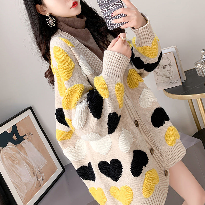 Heart-patterned knit cardigan with long sleeve design from Korean Loose Long Sweater collection