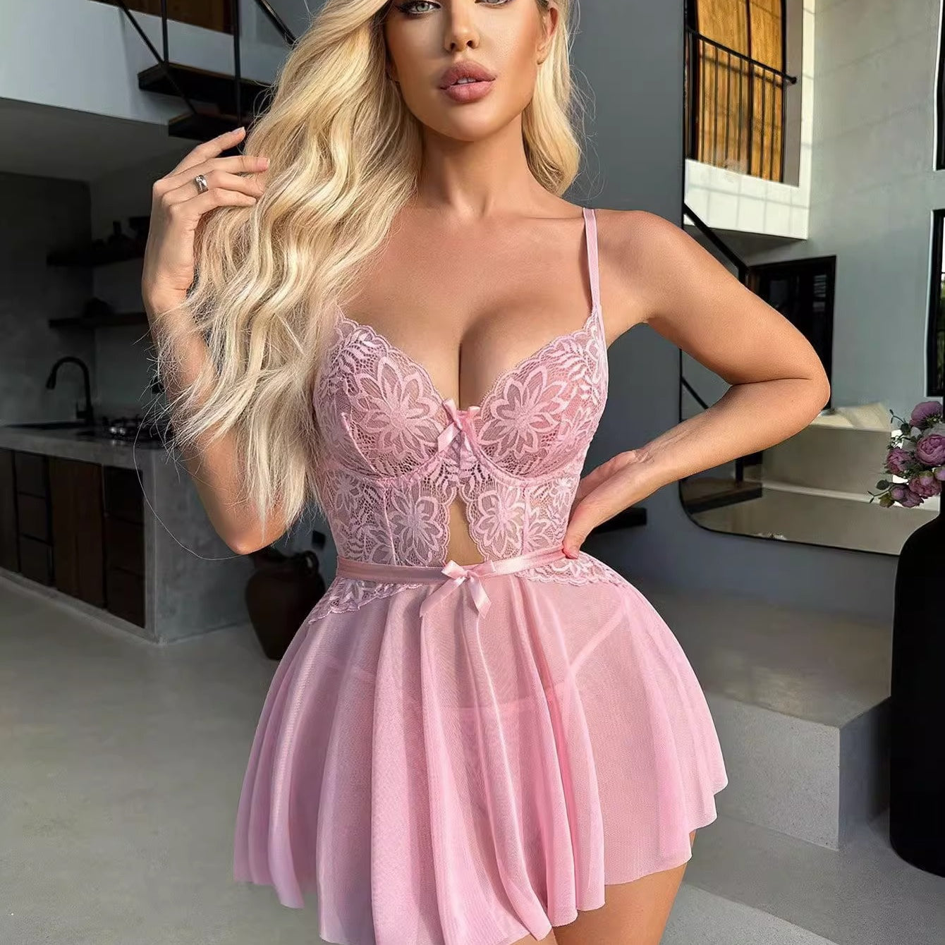 Pink lace and tulle mini dress with spaghetti straps for elegant lingerie fashion