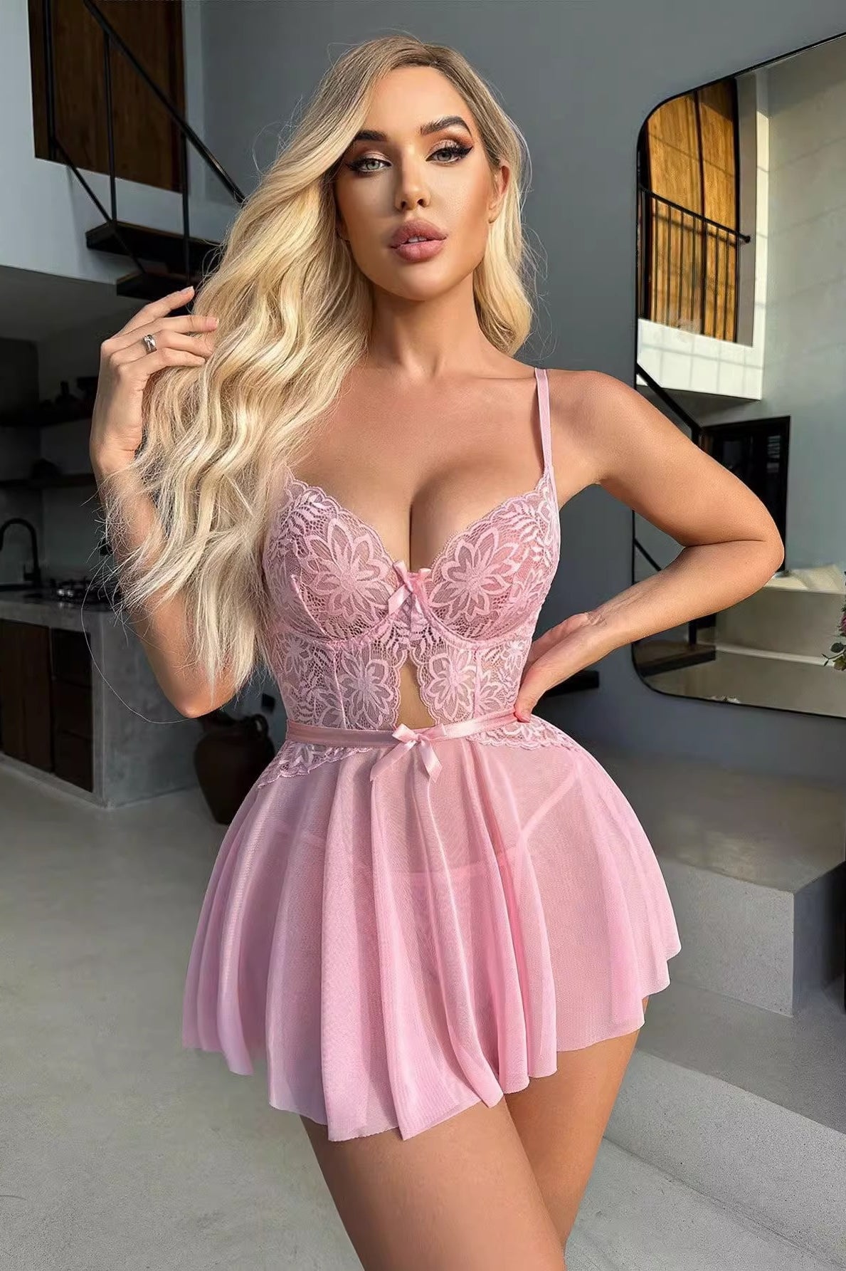 Pink lace and tulle mini dress with spaghetti straps for elegant lingerie fashion