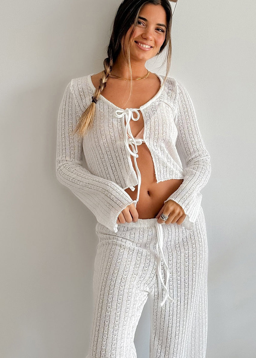 White ribbed knit langry fashion pajamas with lace-up front