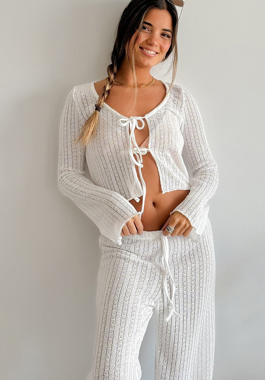 White ribbed knit langry fashion pajamas with lace-up front