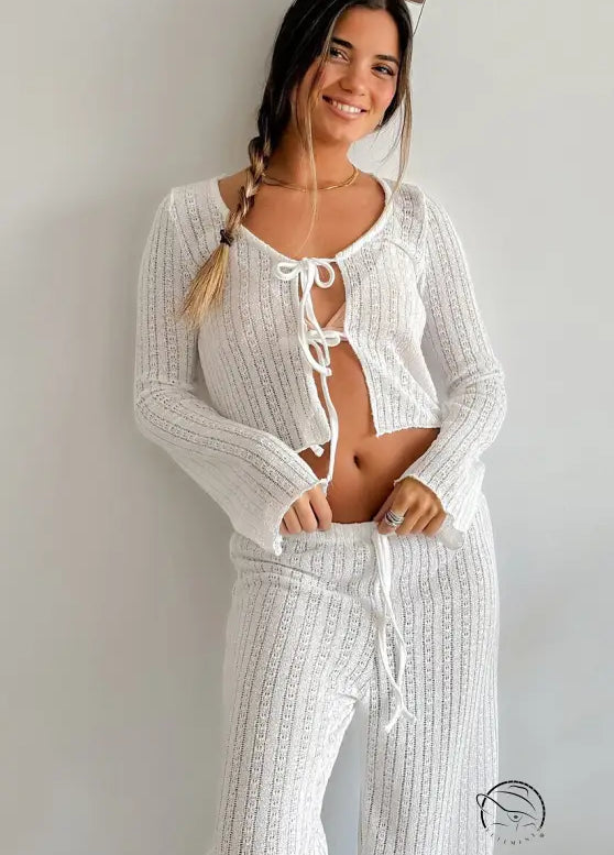 White ribbed knit langry two-piece pajamas with lace-up front
