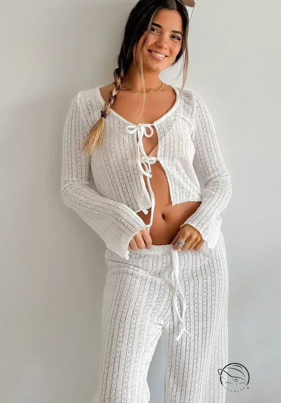 White ribbed knit langry two-piece pajamas with lace-up front