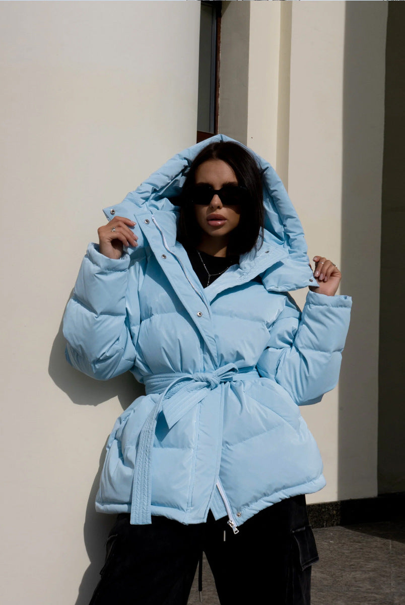 Light blue hooded thermal puffer jacket with tie belt for fashion and ملابس style