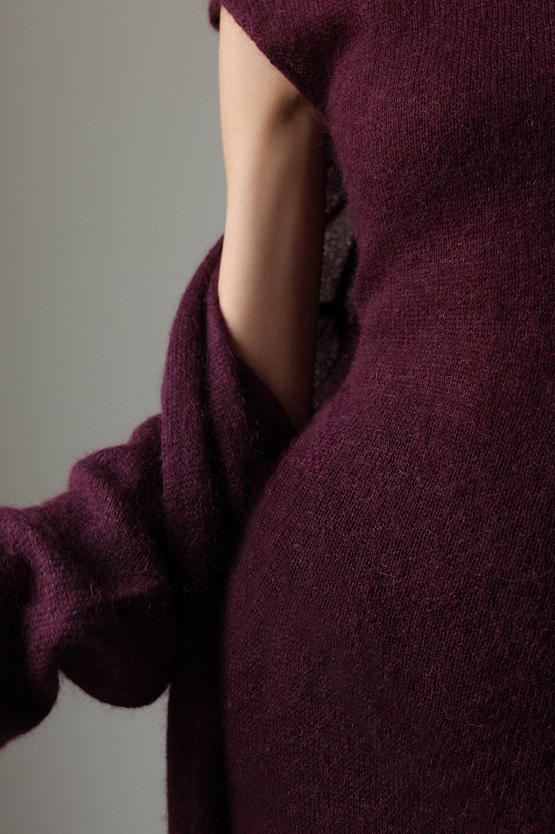 Maroon textured knitted cardigan with rolled sleeves and pocket detail