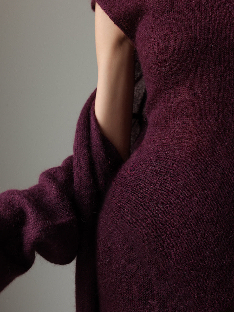 Maroon textured knitted cardigan with rolled sleeves and pocket detail