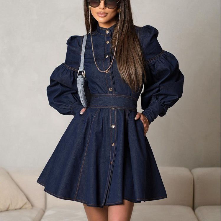 Dark blue denim shirt fashionable dress with puff sleeves and flared skirt