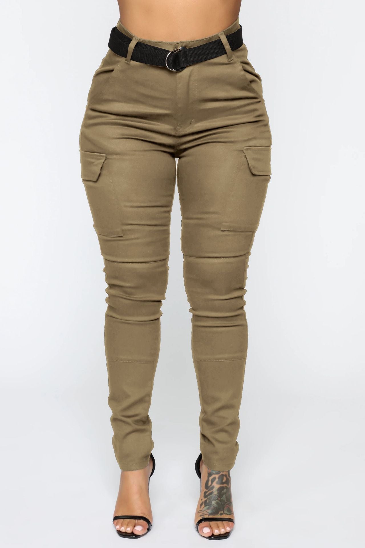 Olive green cargo pants with black stretch belt from Casual Skinny Stretch Belt Sports collection