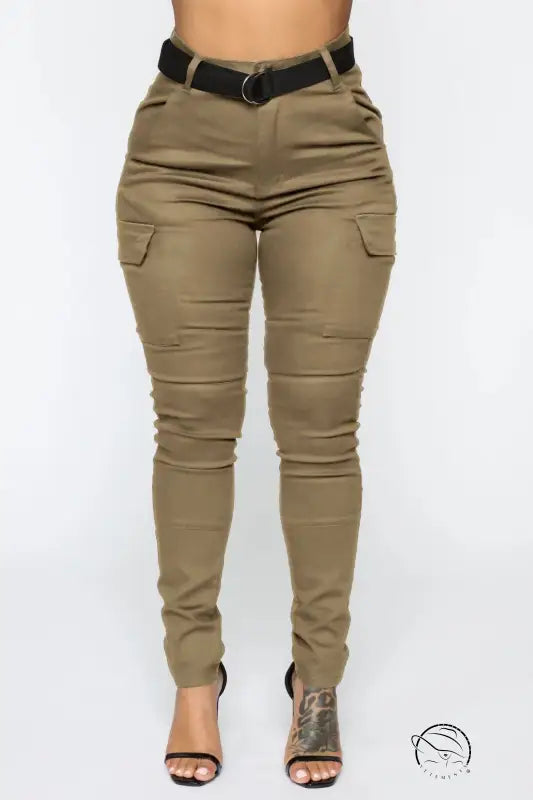 Olive green cargo pants with black skinny stretch belt