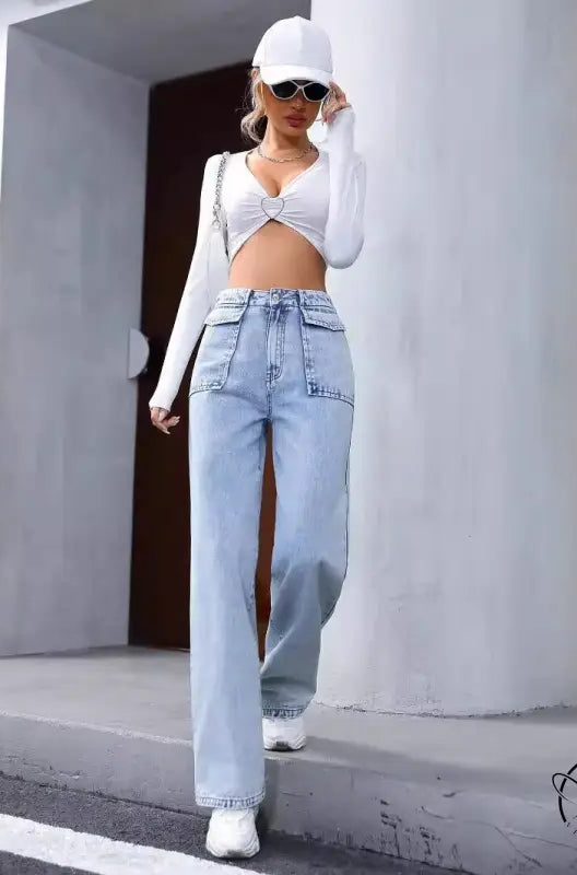 Women’s light wash wide-leg denim trousers with flap pockets