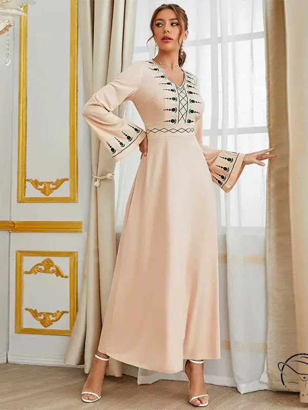 Elegant V-neck high-waist long swing dress in beige with green black embroidery