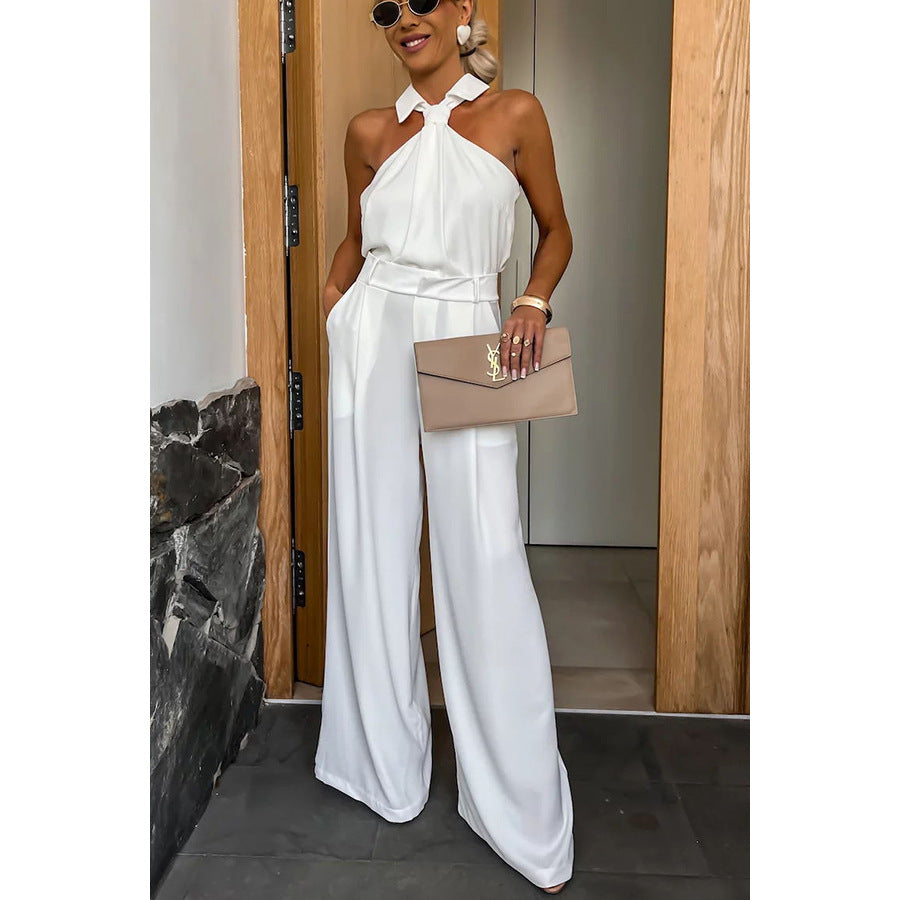 White halter-neck jumpsuit from Langry, perfect for summer casual fashion and vacations