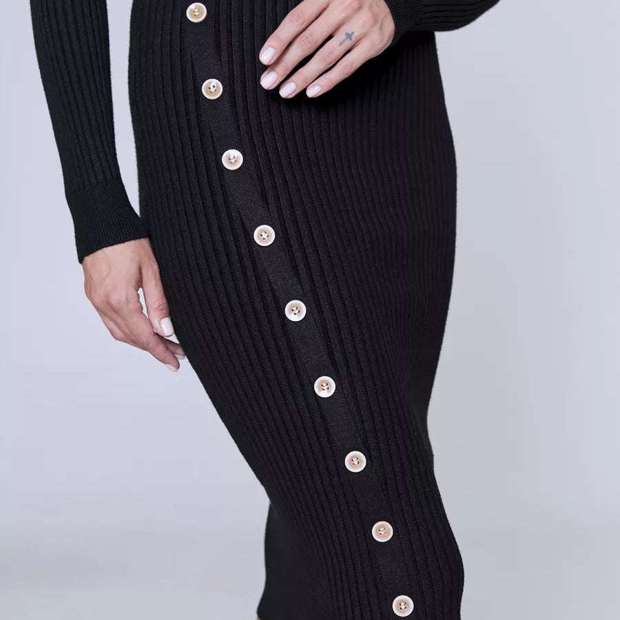 Black ribbed knit dress with side buttons featuring an elegant polo collar for autumn winter