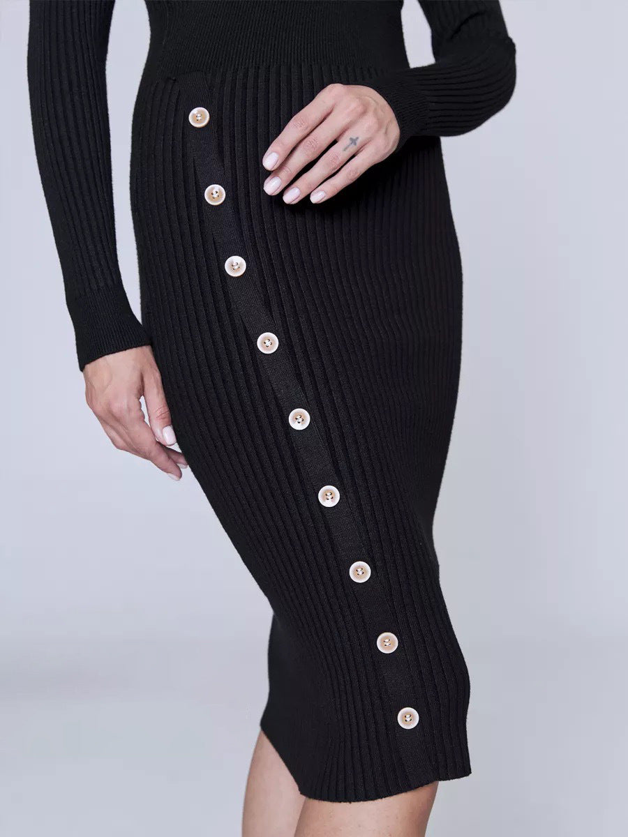 Black ribbed knit dress with side buttons featuring an elegant polo collar for autumn winter