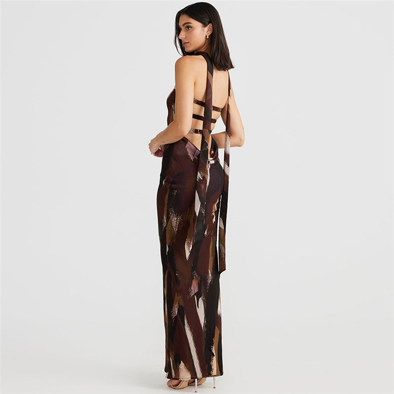 Brown and metallic patterned maxi dress with strappy back detail for elegant fashion