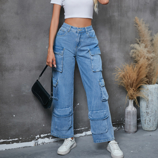 Light blue denim cargo pants for women in fashion-forward Fall Winter Overalls by Langry