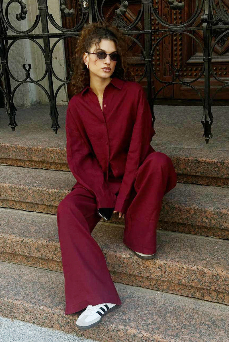 Burgundy linen suit with sneakers from Langry Cotton Shirt Trousers Casual Sets fashion ملابس