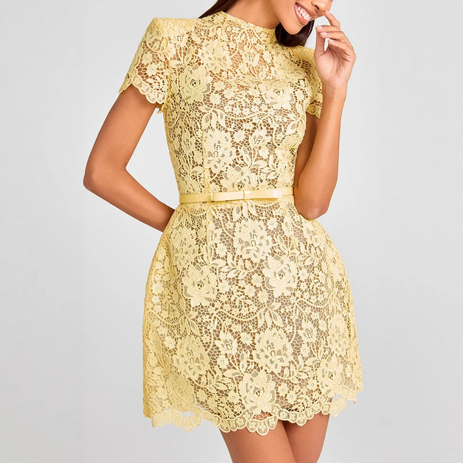 Enchanting lace yellow round neck dress with floral pattern and belt