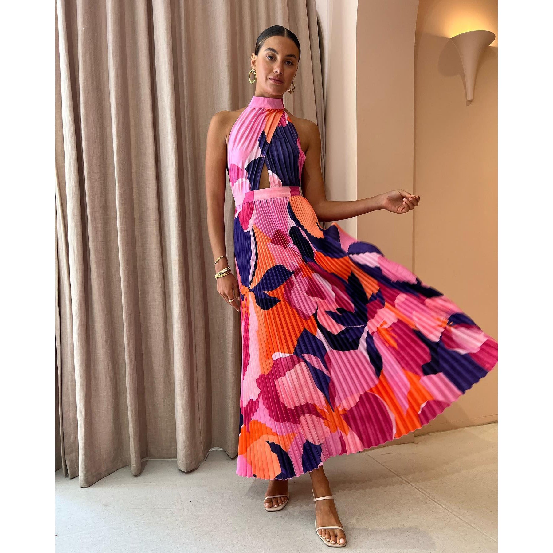 Spring Summer Halter Pleated Dress Casual Loose Vacation Women Clothing