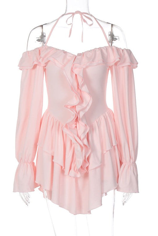 Pink off-the-shoulder sexy halter low cut ruffled dress for stylish occasions