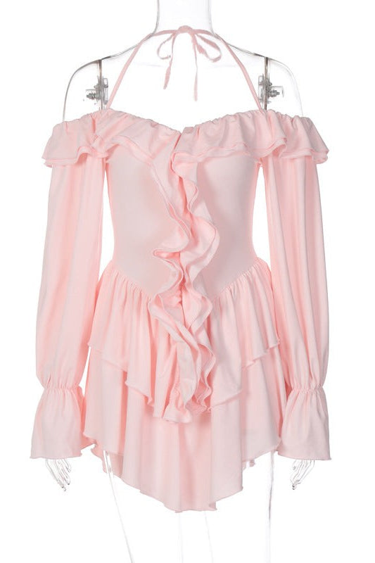 Pink off-the-shoulder sexy halter low cut ruffled dress for stylish evening wear
