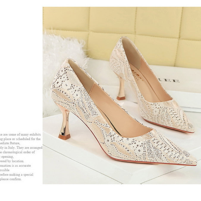 Elegant Langry fashion gold glitter high heel pumps with rhinestone accents