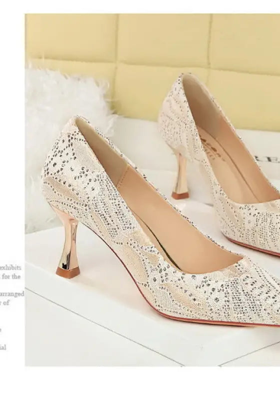 Langry fashion gold glitter mid heel pumps with rhinestone accents