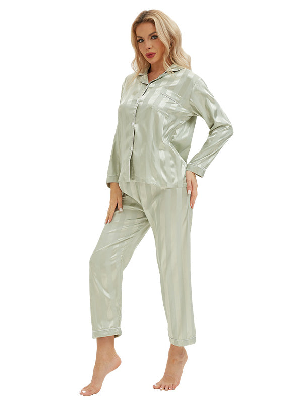 Shiny light green satin langry fashion pajamas with bold stripes