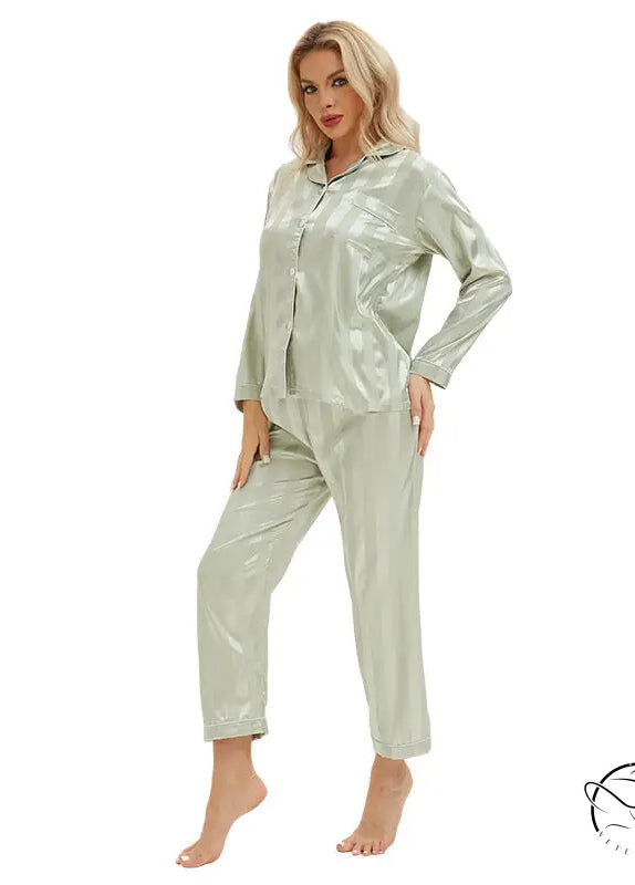 Shiny light green satin langry fashion pajamas with stripes