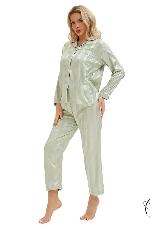 Shiny light green satin langry fashion pajamas with stripes