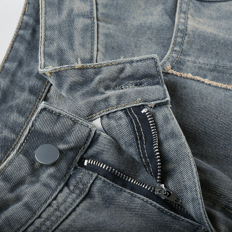 Gray denim jeans with zipper and button from Frayed Washed Loose Jeans, perfect for fashion and ملابس