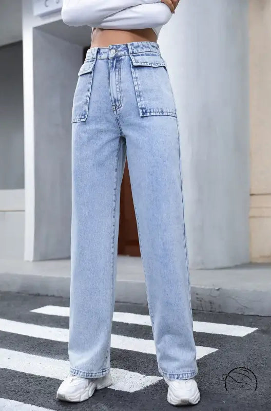 Light wash high-waisted wide-leg Langry denim trousers with flap pockets