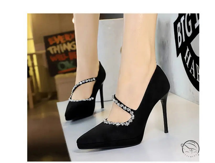 Cocktail Waterproof Platform Rhinestone Ankle Strap High Heel Pumps