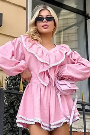 Pink ruffled romper from French Loose Shirt Shorts Two Piece Sets collection
