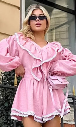 Pink ruffled romper from French Loose Shirt Shorts Two Piece Sets collection