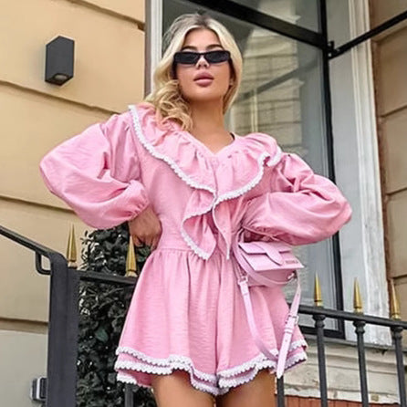 Pink ruffled romper from French Loose Shirt Shorts Two Piece Sets collection