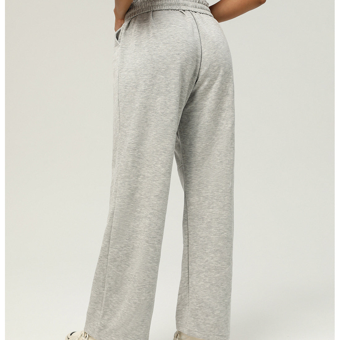 Light gray wide-leg sweatpants with elastic waistband for casual fitness and yoga fashion